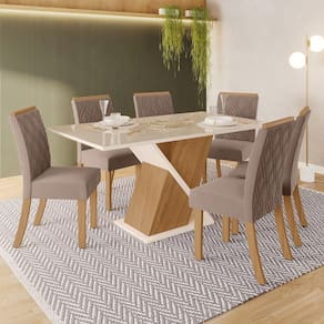 Conjunto Sala de Jantar Tampo MDF/Vidro 6 Cadeiras Helena Espresso Móveis Marrom/Off White/Bege