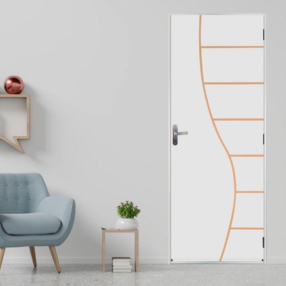 Kit Porta de Madeira Decorada 215x75cm com Batente de Aço 06cm Cantareira MGM Branco