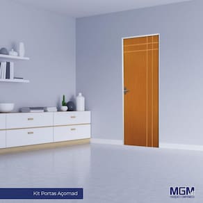 Kit Porta de Madeira Decorada 215x75cm com Batente de Aço 6cm Mantiqueira MGM Mogno