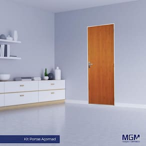 Kit Porta de Madeira Lisa 215x75cm com Batente de Aço 06cm Açomad MGM Mogno