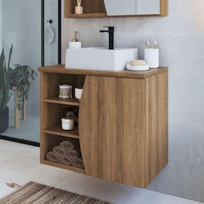 Gabinete de Banheiro Suspenso 70cm Laura com 1 Porta e 2 Prateleiras com Cuba Mel