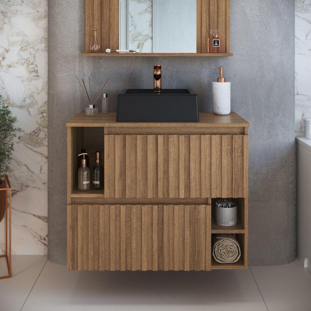 Gabinete de Banheiro Suspenso 75cm Luiza com 2 Portas Basculante com Cuba Mel