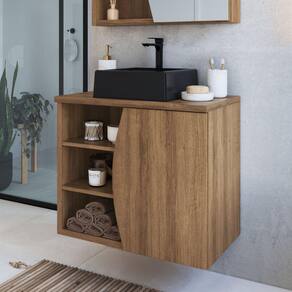 Gabinete de Banheiro Suspenso 70cm Laura com 1 Porta e 2 Prateleiras com Cuba Mel