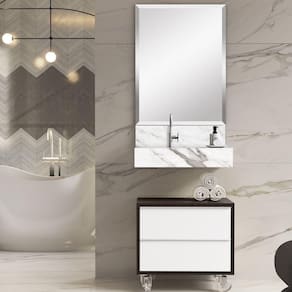 Bancada em Porcelanato para Banheiro 60cm Pró com Cuba Esculpida Blu Lavatórios Calacata