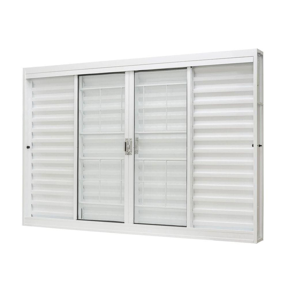 Janela de Aço Veneziana Central 100x120cm 6 Folhas com Grade Quadriculada Ramassol e Vidro Liso Unicsol Ramassol Branco