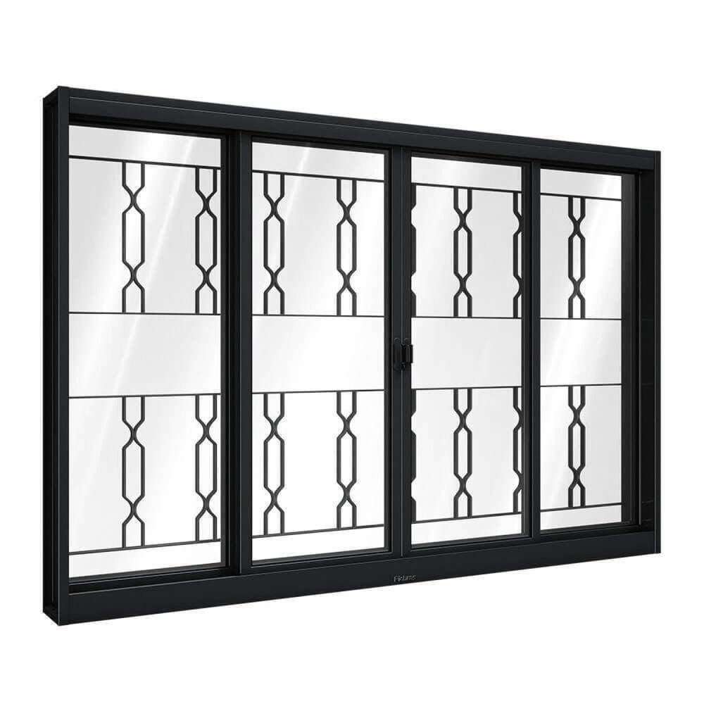 Janela de Aço de Correr Central com Grade Mosaico 4 Folhas 100x200cm Aço Pronto Riobras Preto