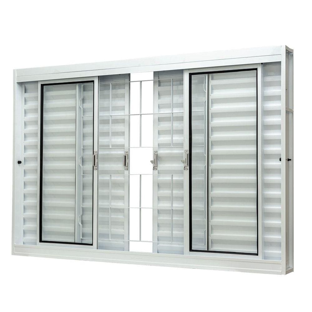 Janela de Aço Veneziana Central 100x200cm 6 Folhas com Grade Quadriculada e Vidro Liso Qualitysol Ramassol Branco