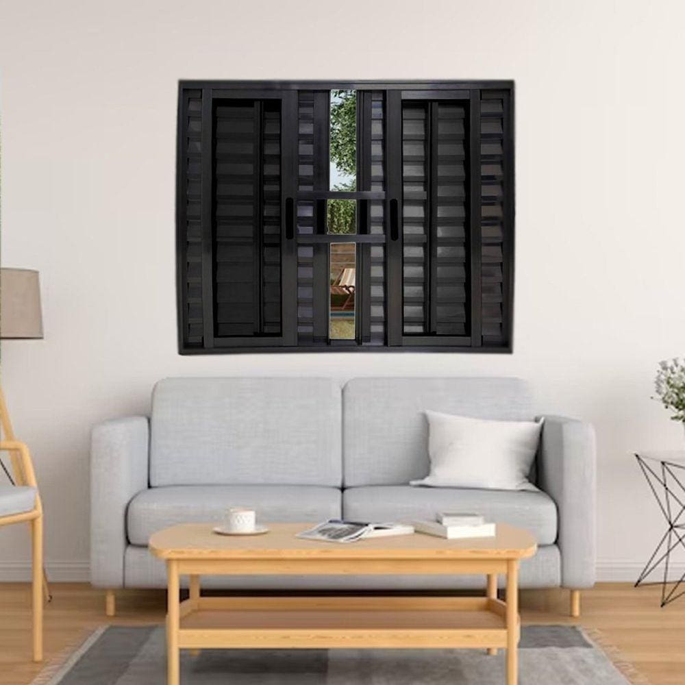 Janela Veneziana de Alumínio 6 Folhas 100 x 120cm Linha 25 com Grade Preto