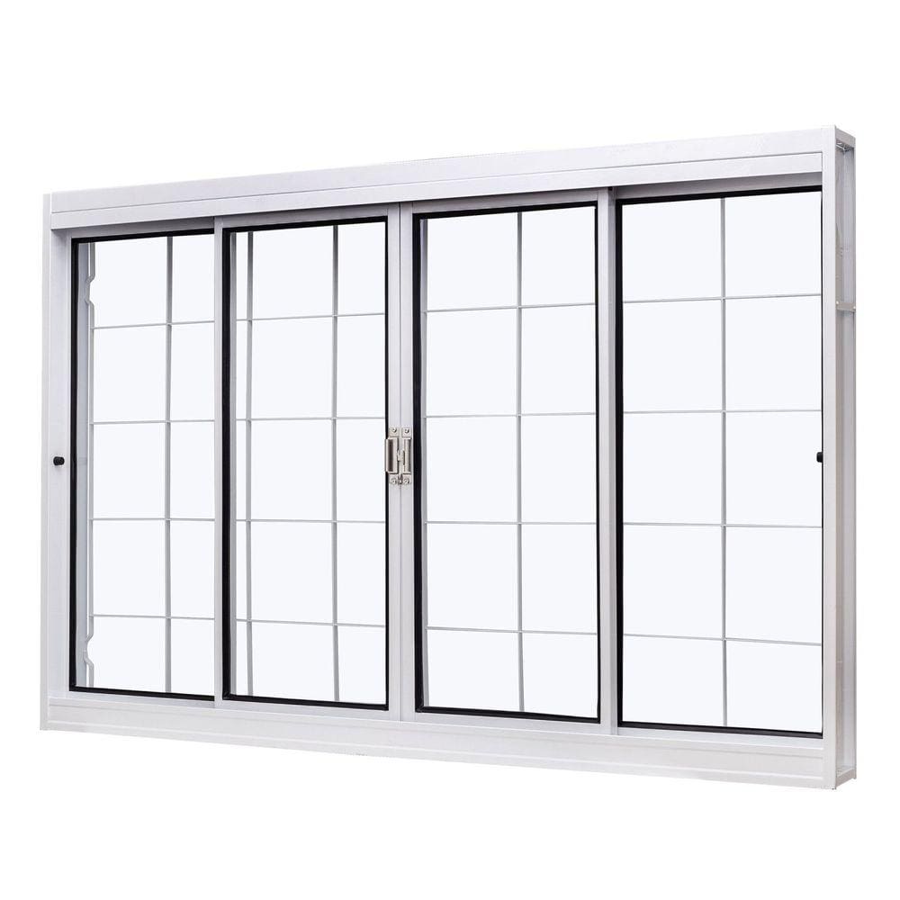 Janela de Aço de Correr Central 100x200cm 4 Folhas com Grade Quadriculada e Vidro Liso Qualitysol  Ramassol Branco