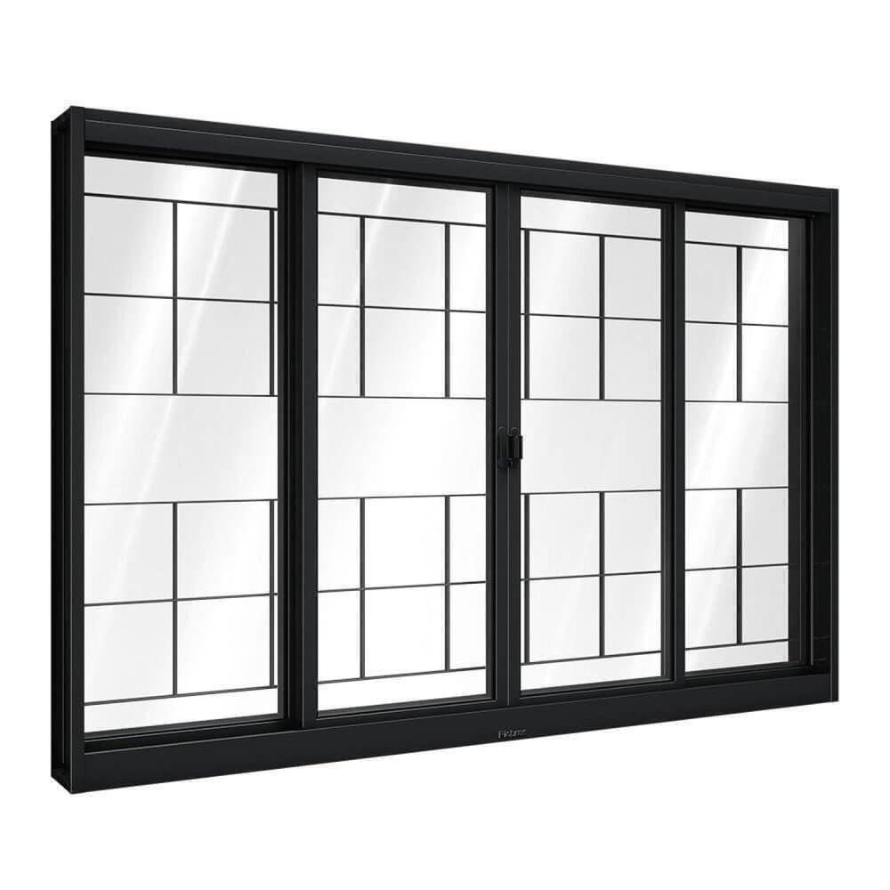 Janela de Aço de Correr Central com Grade Quadrada 4 Folhas 100x150cm Aço Pronto Riobras Preto