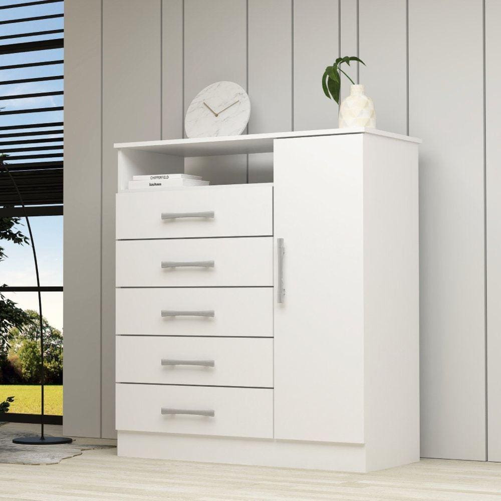 Cômoda 1 Porta 5 Gavetas 100% MDF Nemésia Espresso Móveis Branco