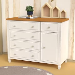 Cômoda Infantil 5 Gavetas 1 Porta Tudor Timber Branco/Mel
