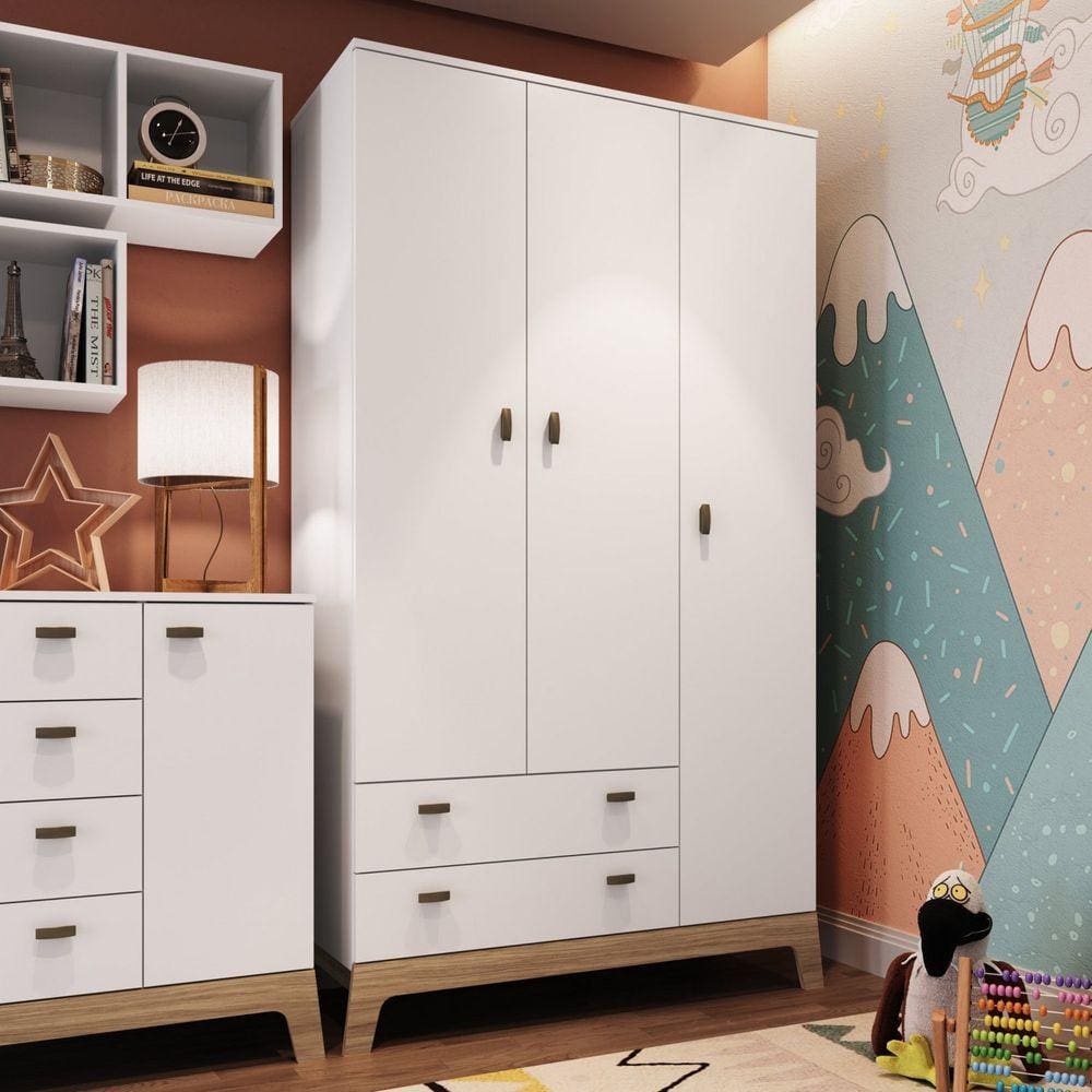 Guarda-Roupas Infantil 03 Portas e 02 Gavetas Linha Favo de Mel Completa Móveis Branco
