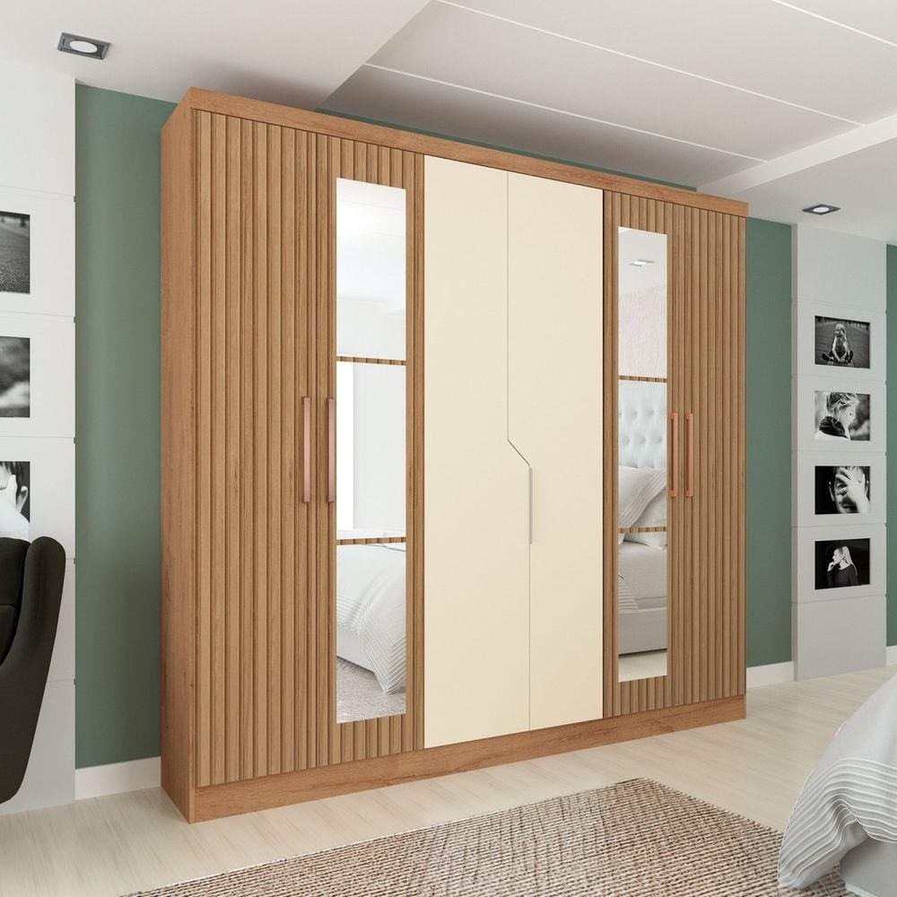 Guarda Roupa 6 Portas 4 Gavetas com Espelho Chicago Atualle Móveis Canelato Rústico/Marrom Off White