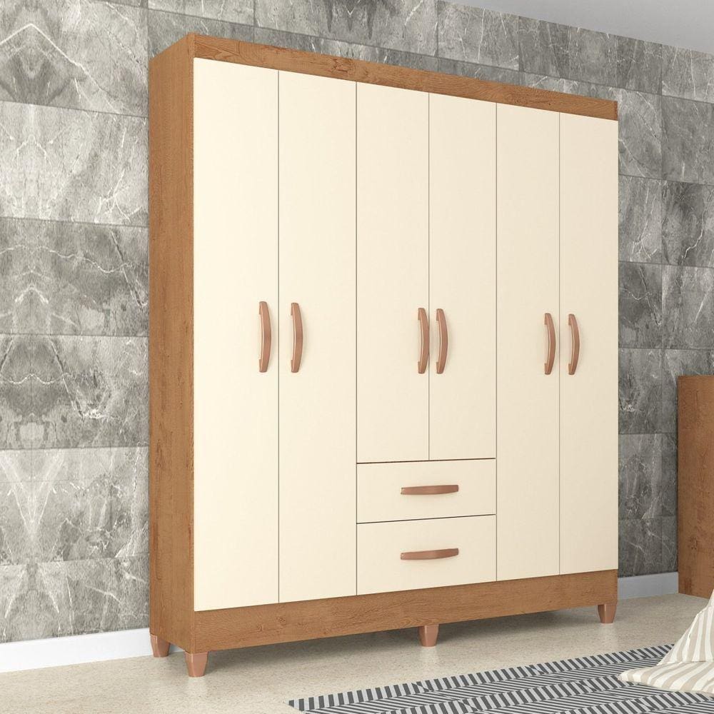 Guarda Roupa Casal 6 Portas 2 Gavetas Brasilia Atualle Móveis Canelato Rústico/Marrom Off White