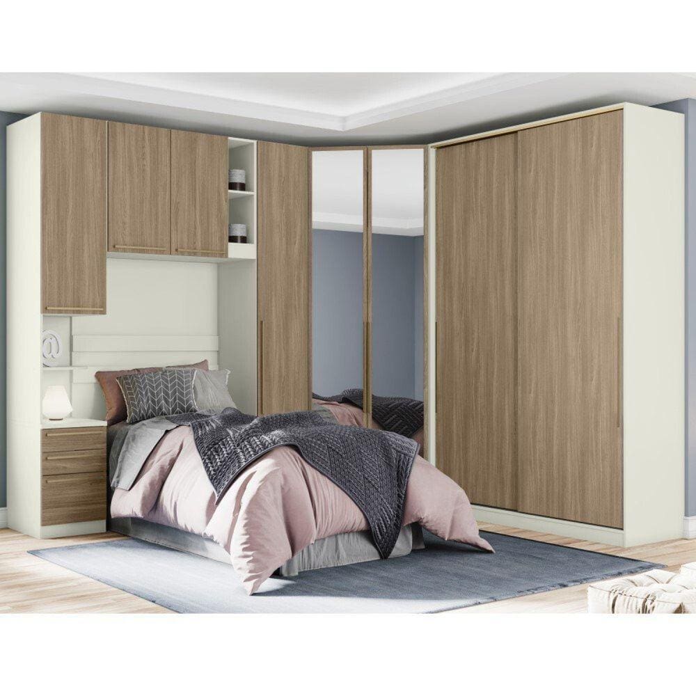 Quarto Modulado Completo Solteiro 5 Peças 9 Gavetas 9 Portas Predileto Areia HP/Jequitibá