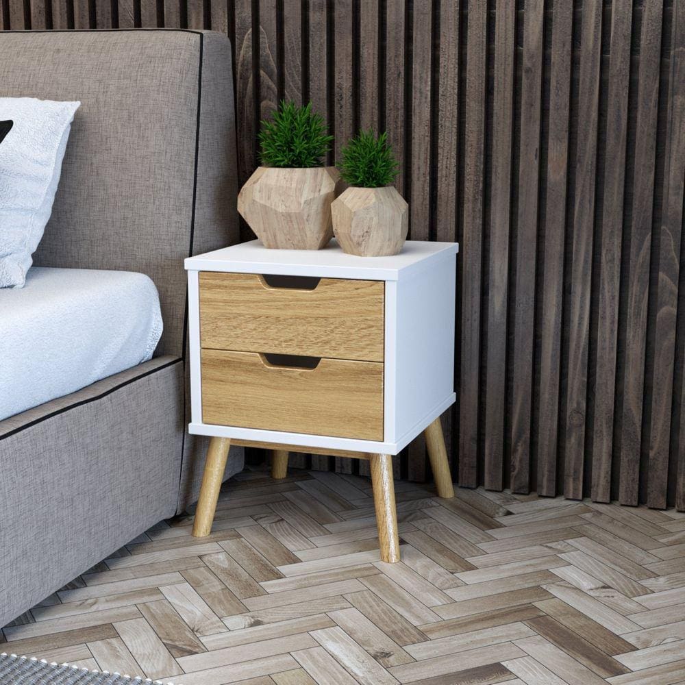 Mesa de Cabaceira 2 Gavetas em Madeira Maciça Lara Parpinelli Branco/Cera