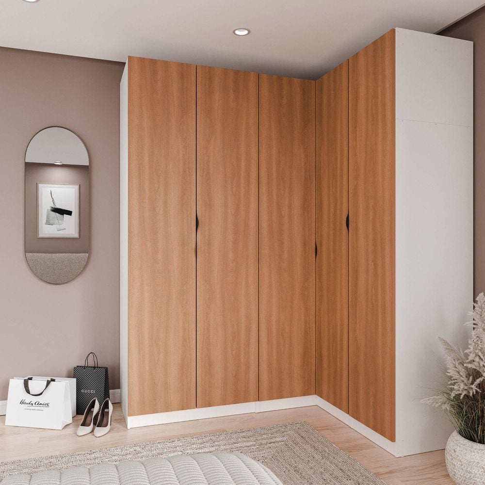 Guarda Roupa Modulado de Canto 5 portas 3 Peças Hera CabeCasa MadeiraMadeira Branco Geada/Louro