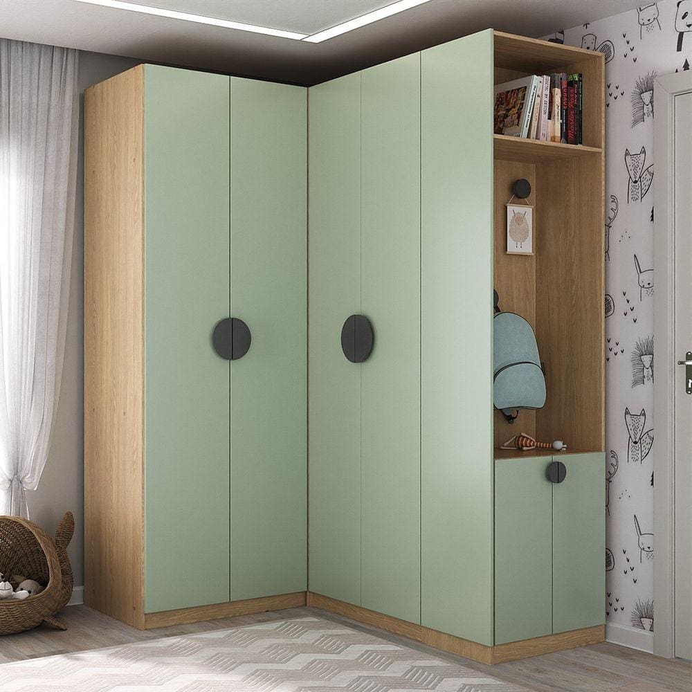 Conjunto Modulado Infantil de Canto 3 Peças 6 Portas Nicho com 2 Gavetas e Sapateira Joy Kids Cabeca Verde/Avena