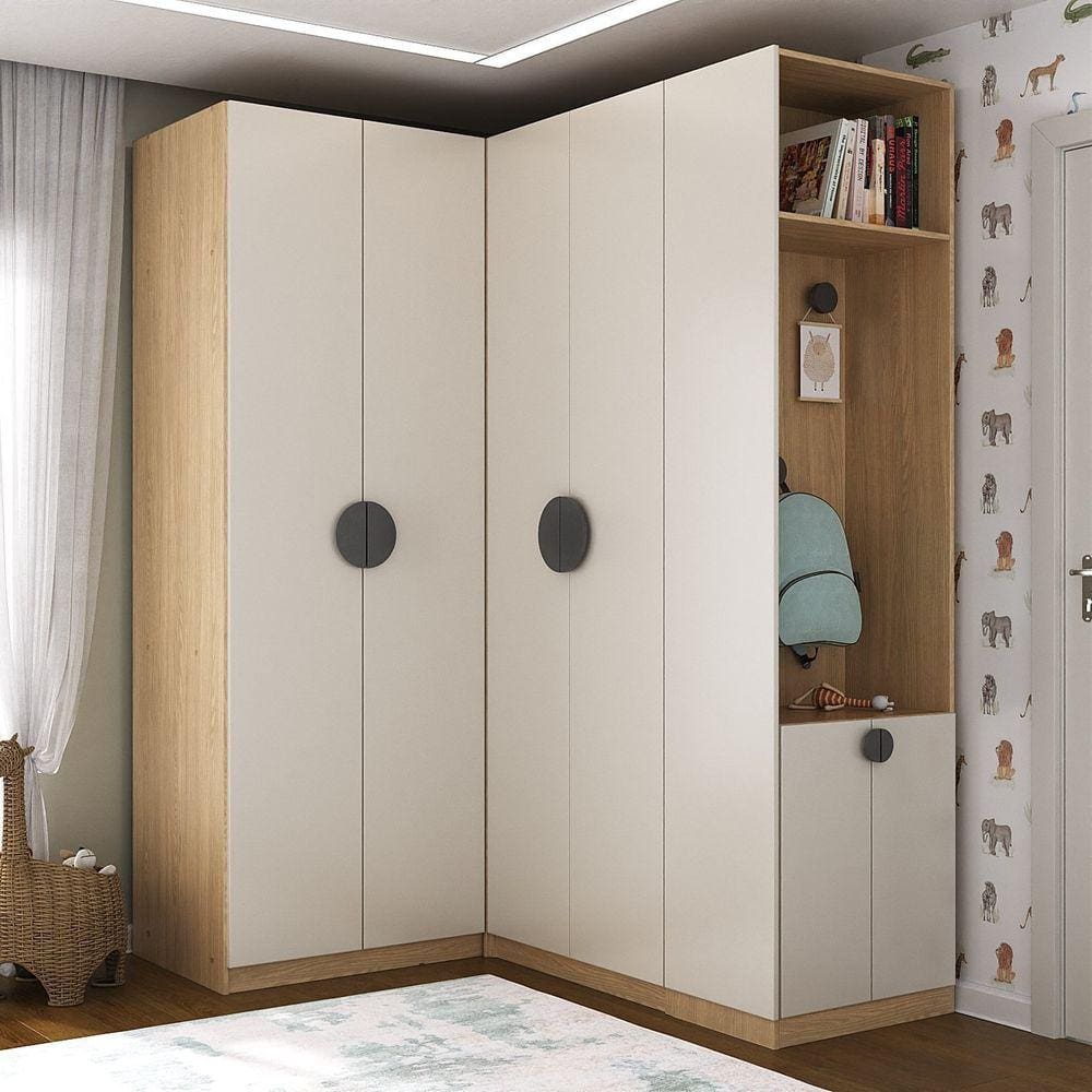 Conjunto Modulado Infantil de Canto 3 Peças 6 Portas Nicho com 2 Gavetas e Sapateira Joy Kids Cabeca Cinza/Avena
