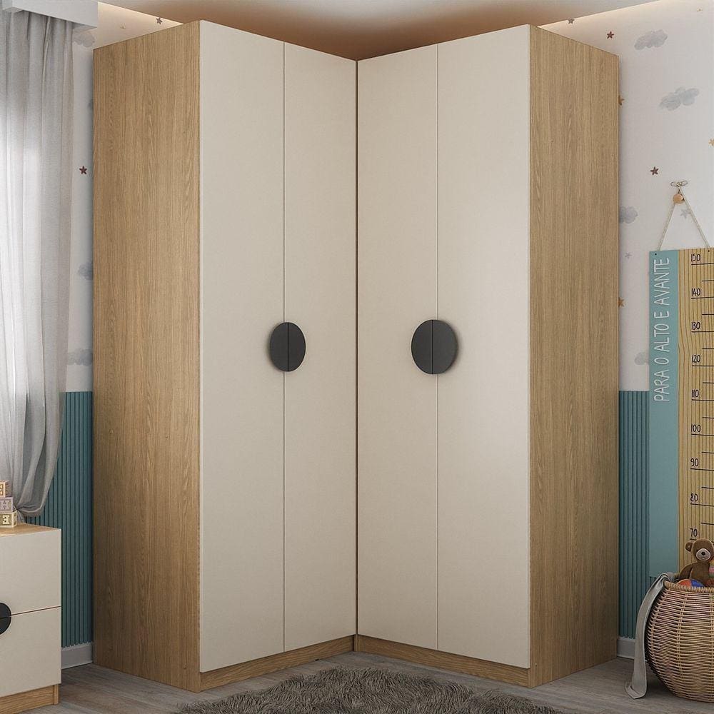 Conjunto Modulado Infantil de Canto 2 Peças com 4 Portas, Nicho com 2 Gavetas Joy Kids Cabecasa Made Cinza/Avena