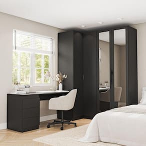 Guarda Roupa Modulado de Canto 3 Peças 4 Portas com 2 Portas Reflecta e Escrivaninha Hera Cabecasa M Preto