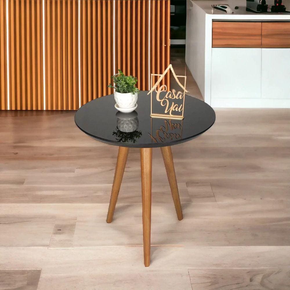 Mesa Lateral Tampo com Vidro 60x50cm Pés Palito Casa Uai Preto