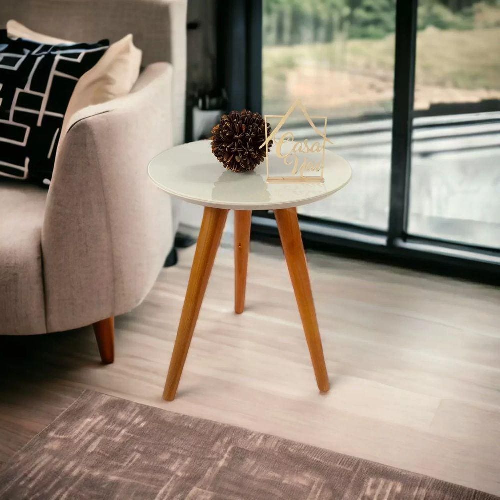 Mesa Lateral Tampo com Vidro 50x40cm Pés Palito Casa Uai Off White