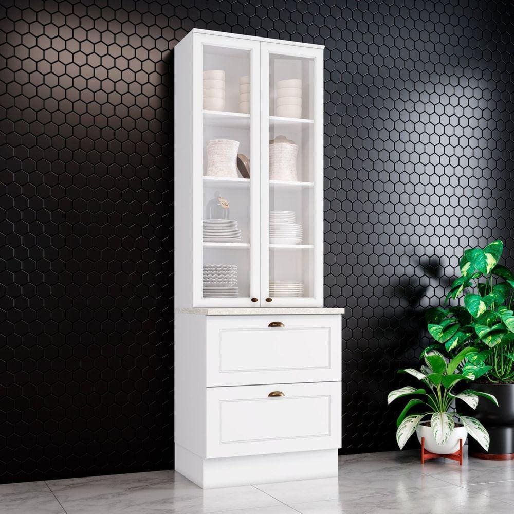 Paneleiro Simples 2 Portas de Vidro 2 Gavetas Internacional Henn Branco Fosco