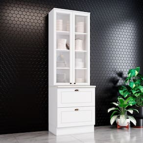 Paneleiro Simples 2 Portas de Vidro 2 Gavetas Internacional Henn Branco Fosco