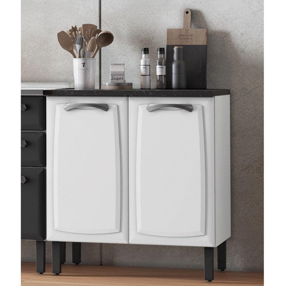 Balcão em Aço 80cm 2 Portas com Tampo New Premium Itatiaia Branco/Nero Marquina