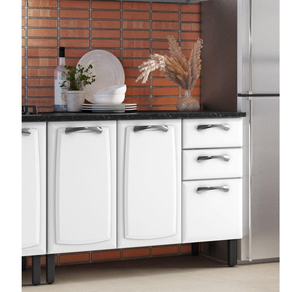 Balcão em Aço 120cm 3 Portas e 2 Gavetas com Tampo New Premium Itatiaia Branco/Nero Marquina