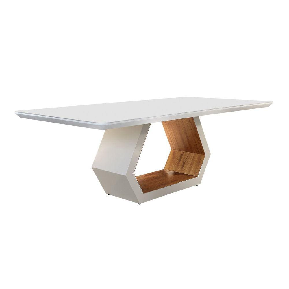 Mesa de Jantar 220x110cm Tampo Madeira/Vidro Sarah Mobilare Laca Off White/Cinamomo Imbuia