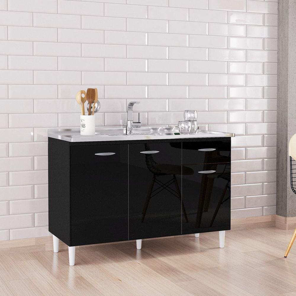 Balcão de Cozinha Compacta 3 Portas 1 Gaveta 120cm Poquema Móveis Preto