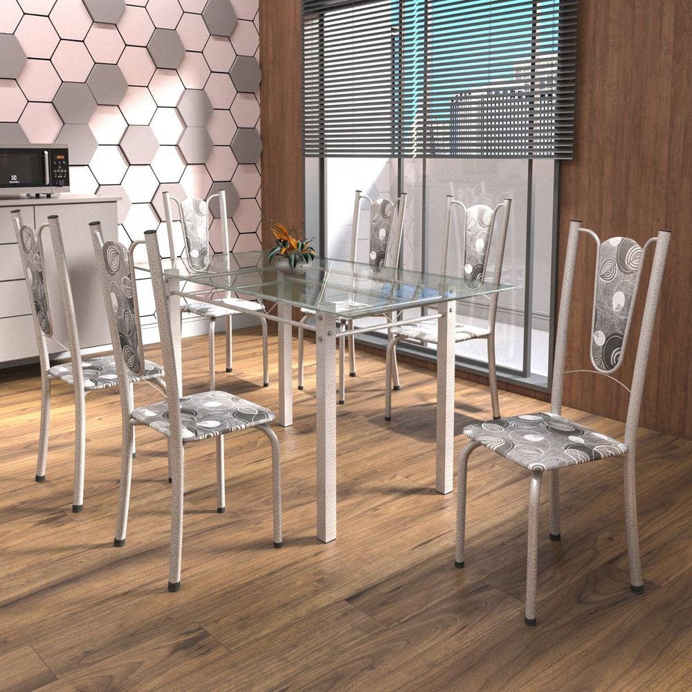 Conjunto de Mesa Tubular 6 Cadeiras 140cm com Tampo de Vidro Melissa Soma Móveis Paraopeba/Pérola