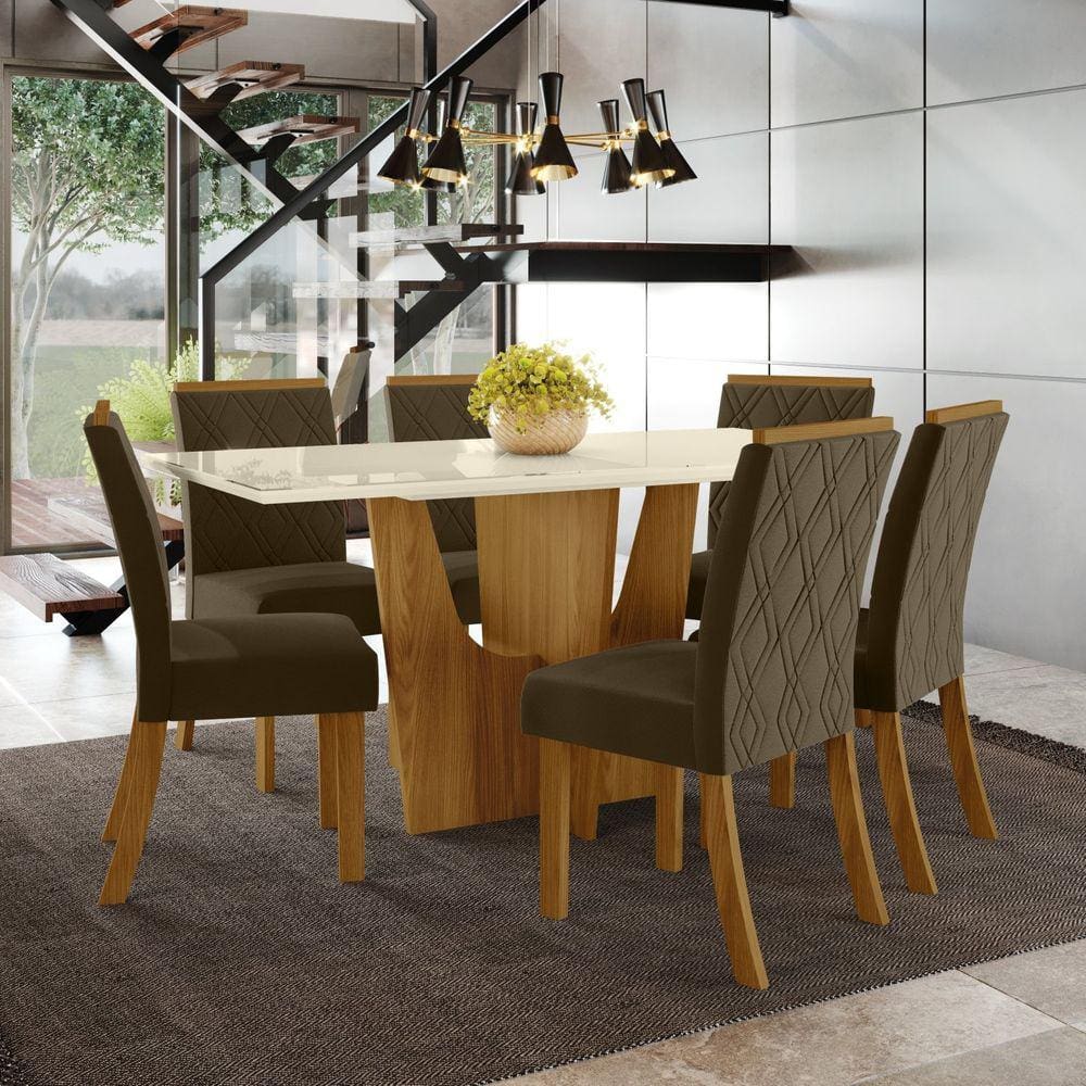 Conjunto Sala de Jantar Mesa 6 Cadeiras Kaciane Henn Marrom/Off White/Bege
