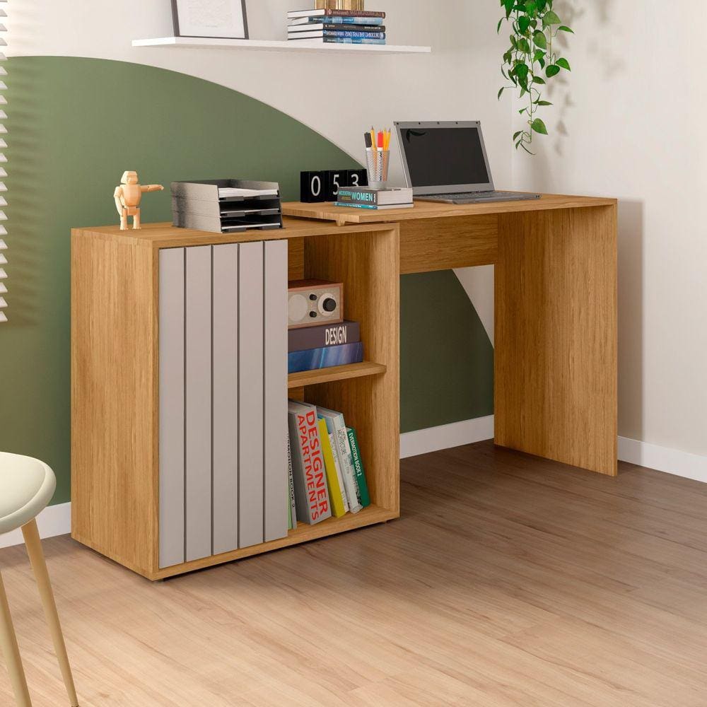 Escrivaninha para Escritório com 1 Porta Ripada Start Buriti/Cinza