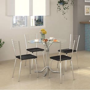 Conjunto de Mesa 90x90cm Tampo Vidro com 4 Cadeiras Braga Compoarte Cromado/Preto