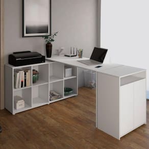 Mesa para Escritório Diretor em L com Nichos e Balcão Espresso Móveis Branco