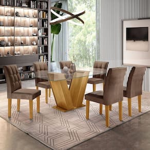 Conjunto Sala de Jantar Mesa Classic Tampo de Vidro 6 Cadeiras Vitória Cel Móveis Ypê/Animale Marrom 52