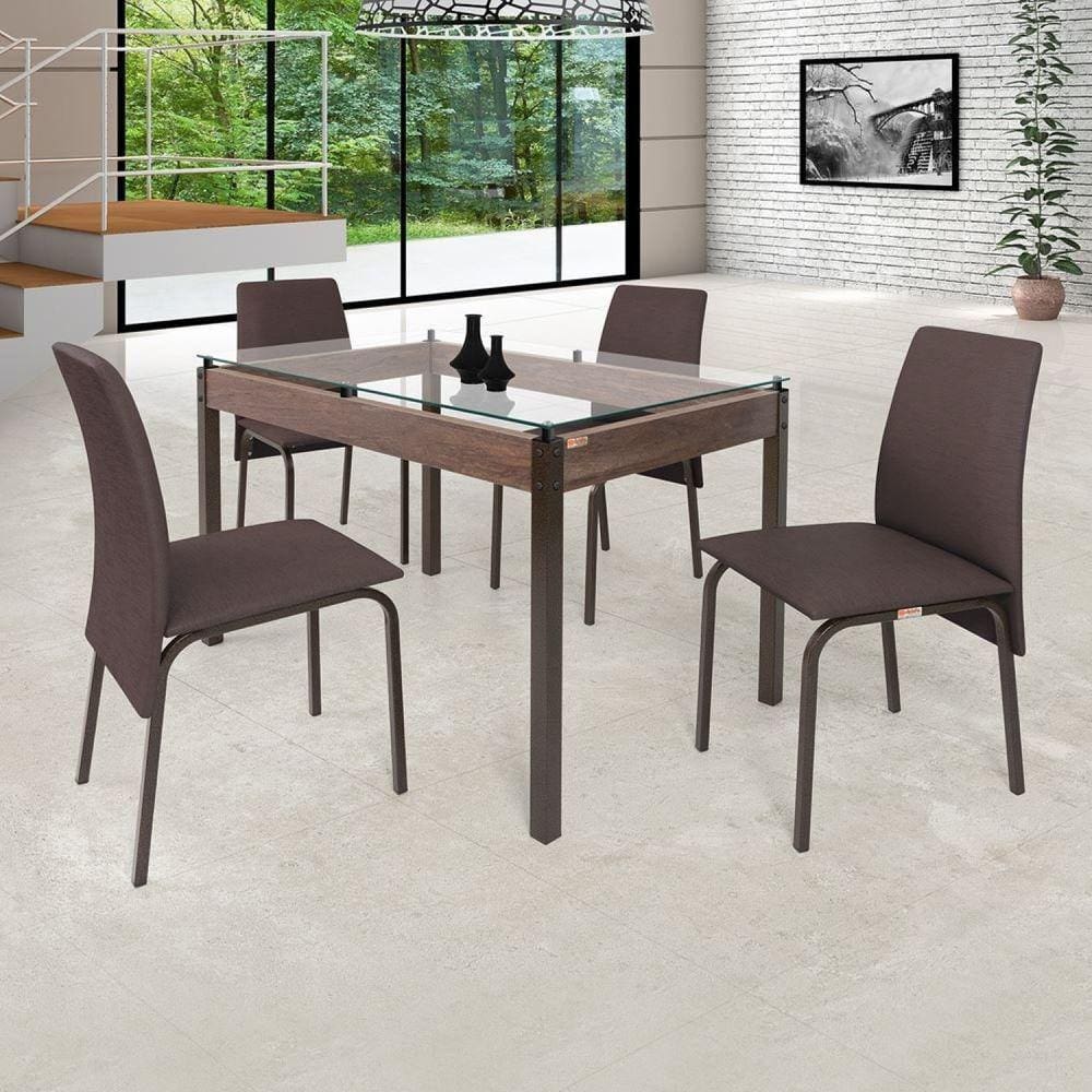 Conjunto Mesa 120cm Tampo em Vidro 4 Cadeiras Barcelona Ciplafe Bronze/Linho Marrom