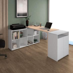 Mesa para Escritório Diretor em L com Nichos e Balcão Espresso Móveis Carvalho/Branco