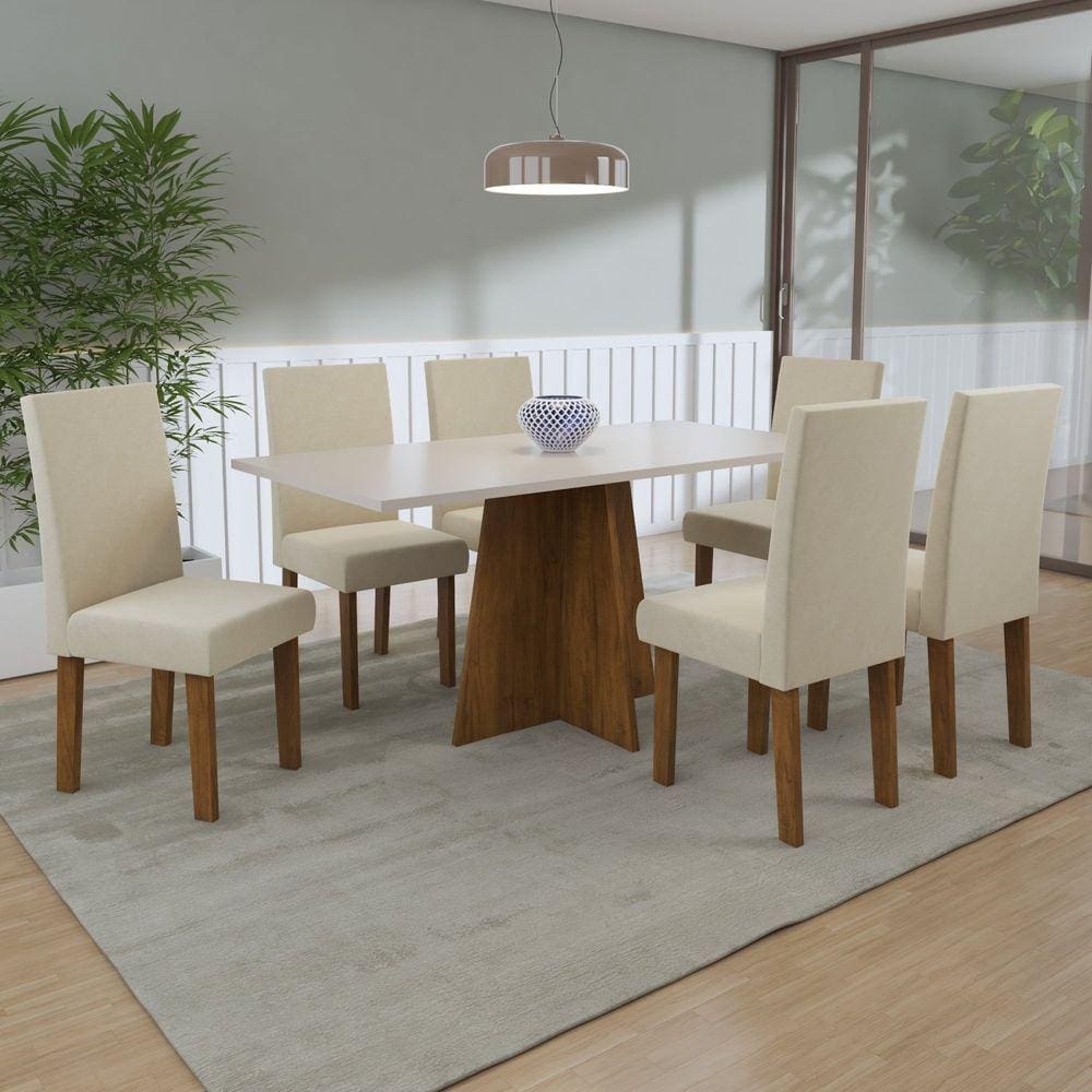 Conjunto Sala de Jantar Amalia 1 Mesa 160cm com 6 Cadeiras Vênus Viero Móveis Pinho/Blonde/Bege