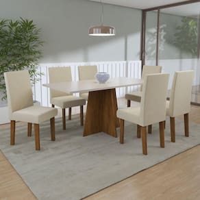 Conjunto Sala de Jantar Amalia 1 Mesa 160cm com 6 Cadeiras Vênus Viero Móveis Pinho/Blonde/Bege