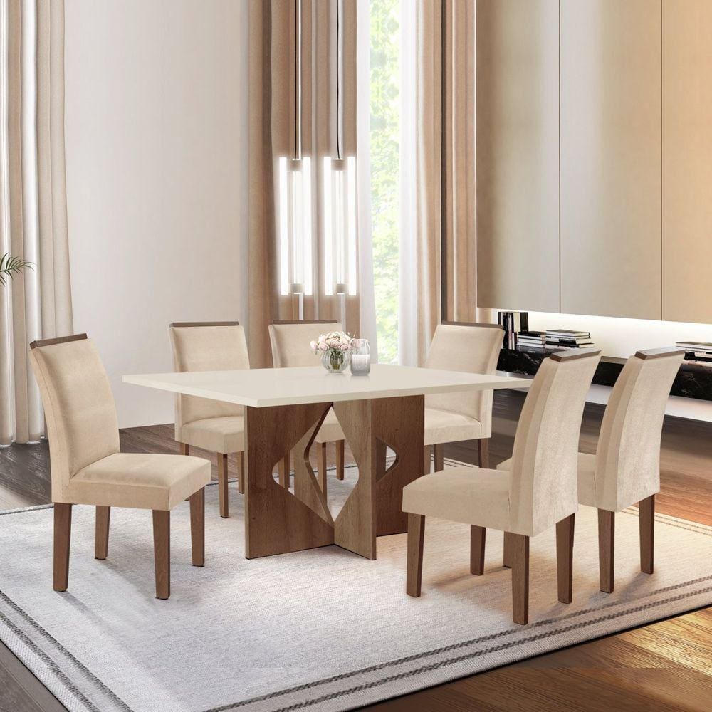 Conjunto Sala de Jantar Mesa Laura Tampo Dakota Plus 160X80cm com 6 Cadeiras Laura Yescasa Chocolate/Off White/Suede Pena