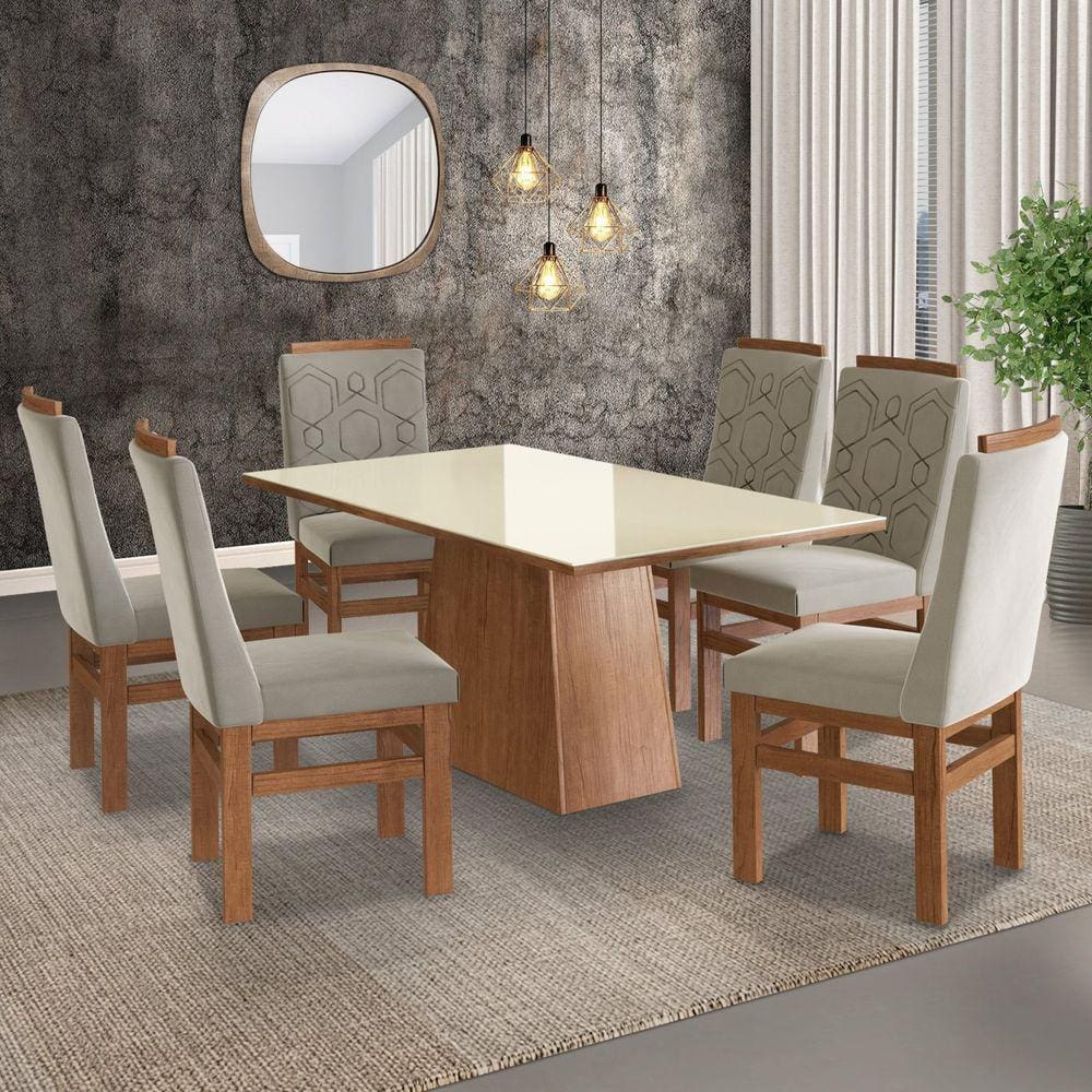 Conjunto Mesa 160x82cm e 6 Cadeiras Madeira Maciça Móveis Zamarchi Canela/Joli Creme