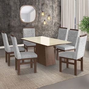Conjunto Mesa 160x82cm e 6 Cadeiras Madeira Maciça Móveis Zamarchi Marrom/Linho Cinza