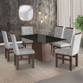 Conjunto Sala de Jantar Mesa 90x160cm Tampo Vidro com 6 Cadeiras Madeira Maciça Tecido Linho Zamarch Marrom/Preto