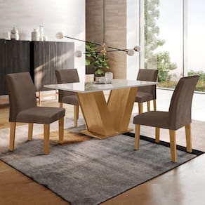 Conjunto Sala de Jantar 1 Mesa 120x80cm Tampo MDF/Vidro 4 Cadeiras Espanha Yescasa Ypê/Marrom