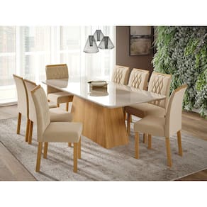Conjunto para Sala de Jantar Mesa 210cm 8 Cadeiras Juliana Cimol Marrom/Off White/Madeira/Nude